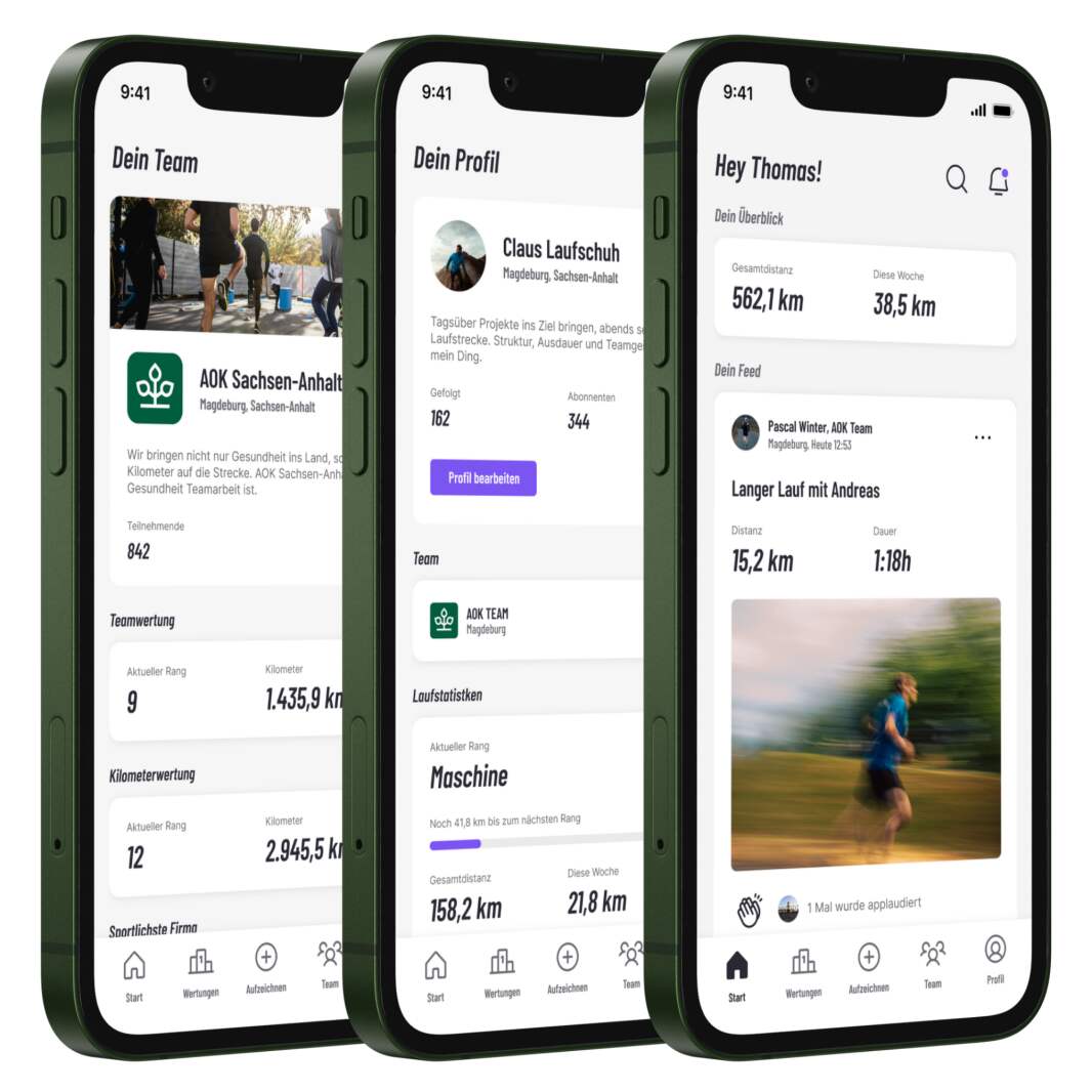 3 Smartphones mit Run Germany App-Ansichten